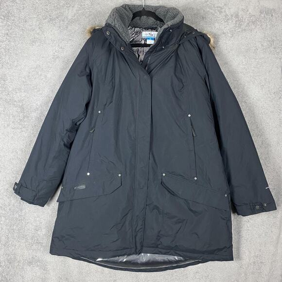 Columbia Jacket Womens 2XL Black Hooded Fur Trim Omni-Tech Down Parka Coat Warm - Picture 1 of 16